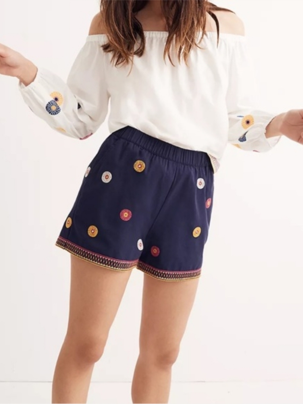 Madewell Navy High-Waist Embroidered Daisy Shorts